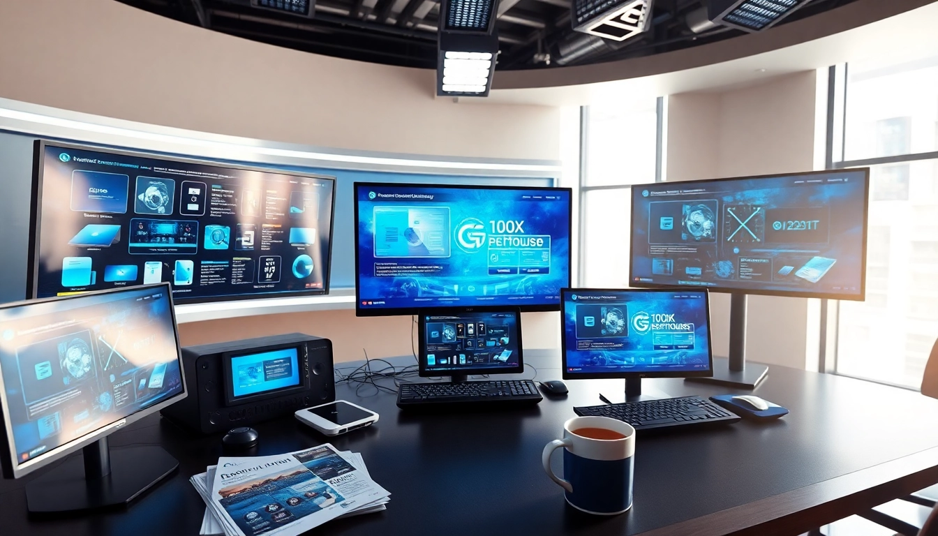 Technik News auf einem modernen Nachrichtenstudiotisch mit neuesten Gadgets und computergestützten Schnittstellen.