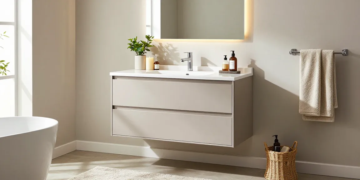 Elegante badkamer met een moderne wastafel onderkast, stijlvolle spiegel en gezellige decoratie.
