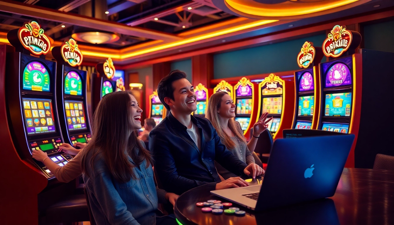 Erlebe aufregende Casino-Action mit Online Casino Free Spins an bunten Spielautomaten und einem einladenden Spieltisch.