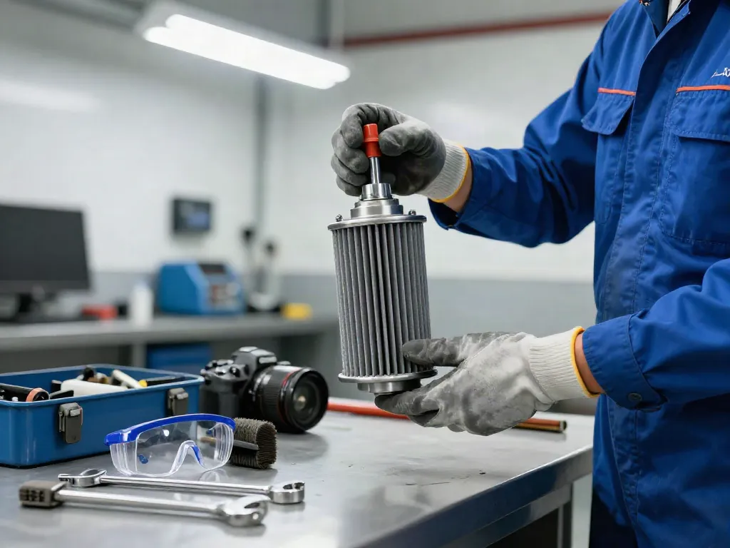 Mechaniker bei der DPF Reinigung in einer Werkstatt mit Reinigungsmittel und Werkzeugen.