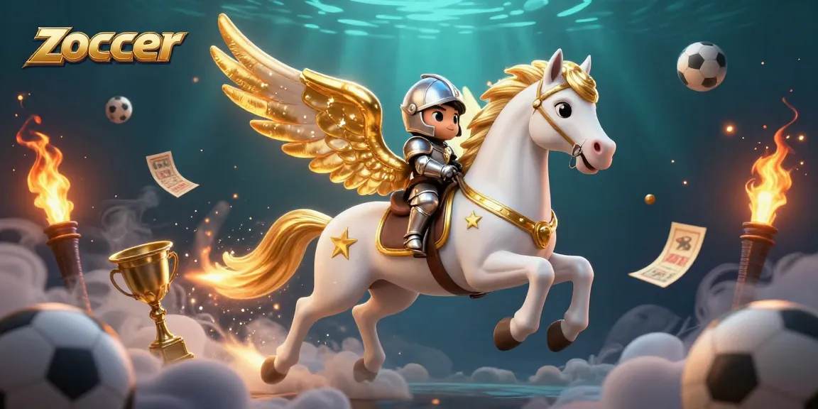 Bet on zoccer while enjoying a dynamic scene of sports characters riding a celestial horse with trophies and betting slips.