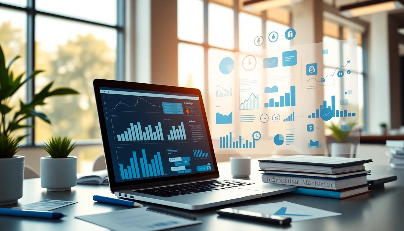 Online Marketing Strategien in einem professionellen digitalen Marketing-Arbeitsplatz analysieren.