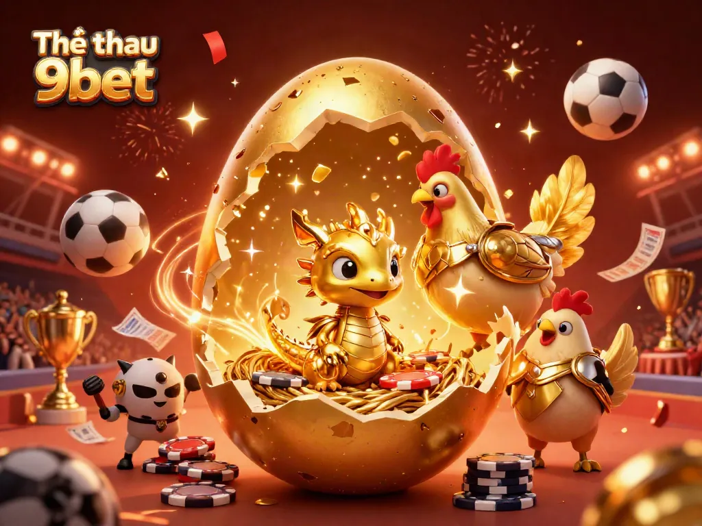 Bet on Thể thao 9bet with excitement featuring dynamic sports betting elements and a golden dragon illustration.