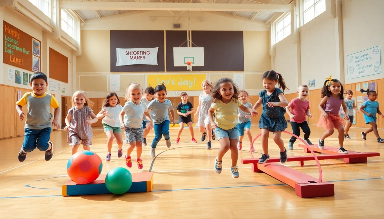 Hier mehr erfahren ueber Kinder, die Spass an Bewegungsspielen in der Turnhalle haben.