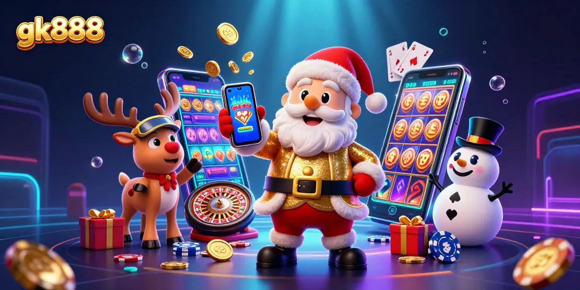 Experience exciting wins with gk888's vibrant casino world, featuring Santa and friends amid jackpot slots.