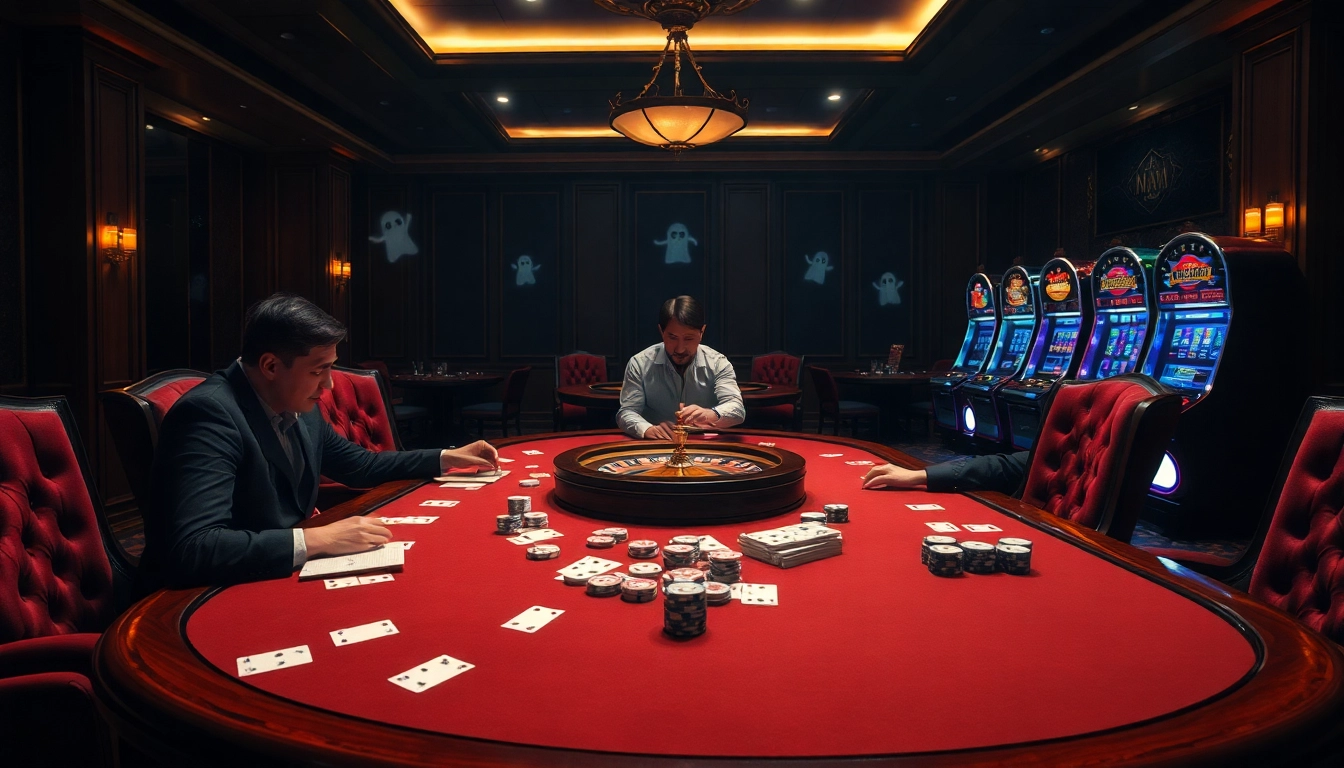 Engage with Truyên ma while playing high-stakes cards at an elegant casino table.