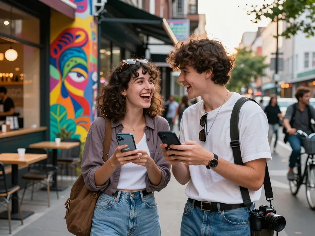 Young couple enjoying playful sexting ai conversation in vibrant urban setting with street art.