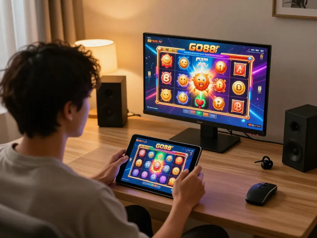 Experience thrilling gameplay with GO88 on a tablet, showcasing intense online gaming action.