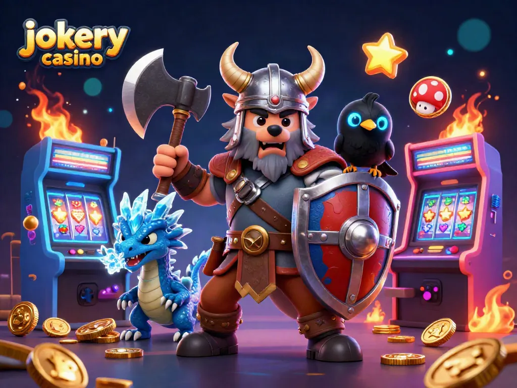 Experience thrills at jokery casino with Viking warriors battling amidst colorful slot machines and enchanting visual elements.