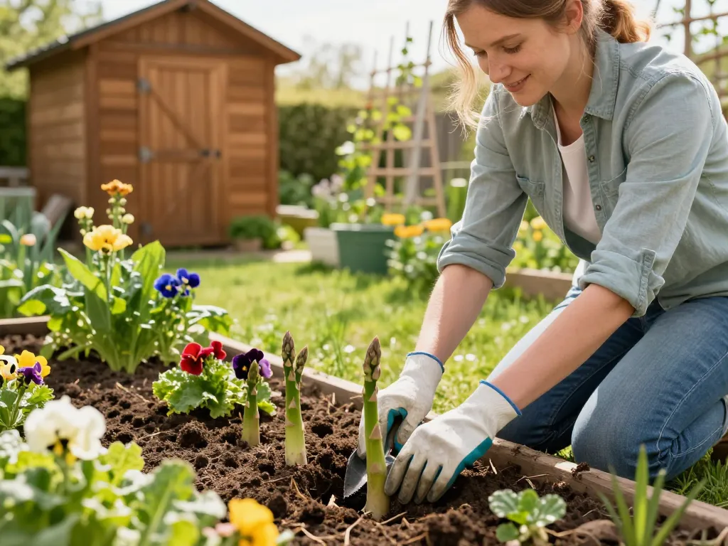 Gardener planting grüner spargel pflanzen in vibrant home garden, surrounded by flowers and vegetables.