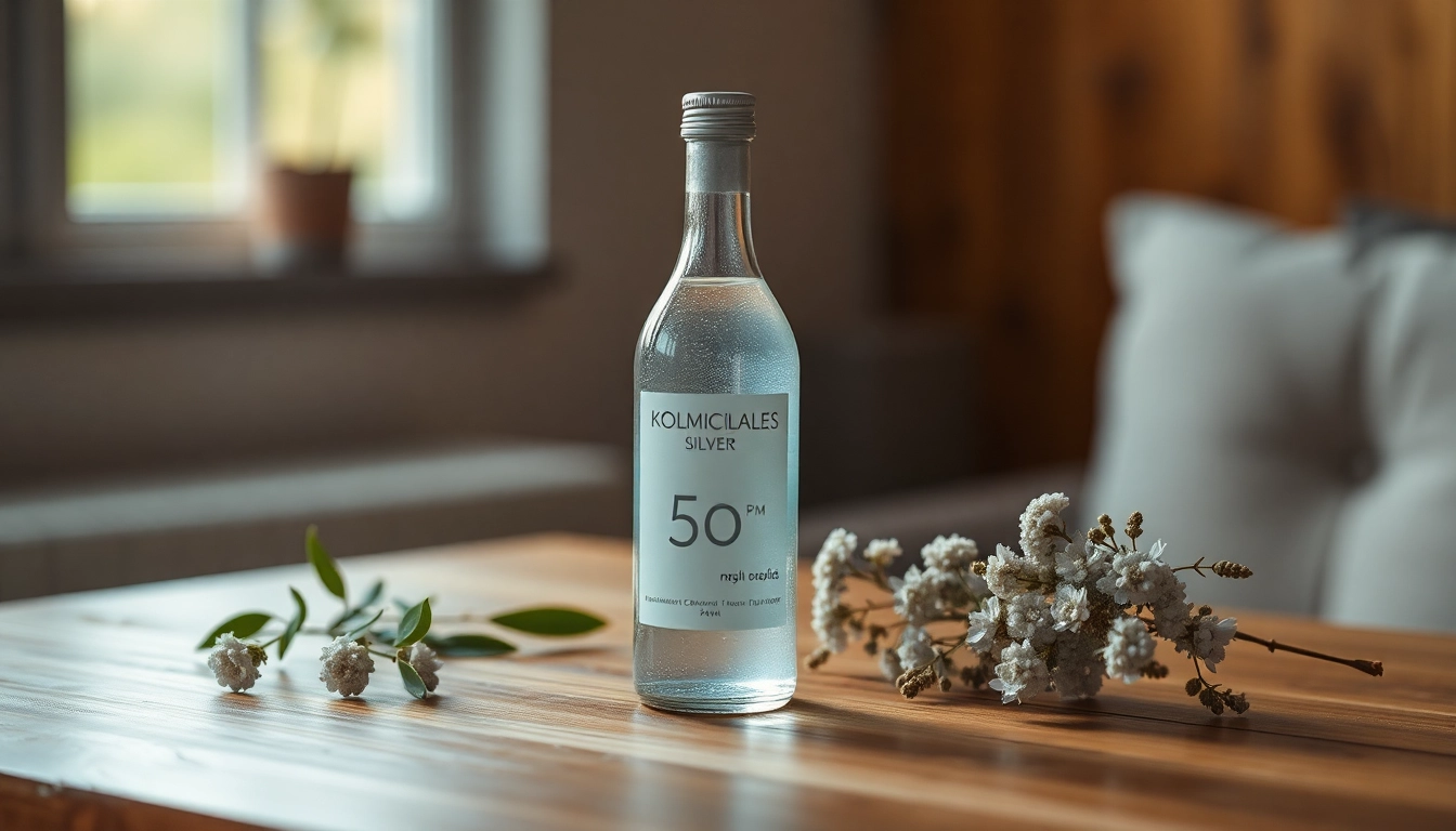 Kolloidales Silber 50 ppm Flasche auf einem Holztisch, umgeben von Pflanzen, betont die Natürlichkeit und Reinheit des Produkts.