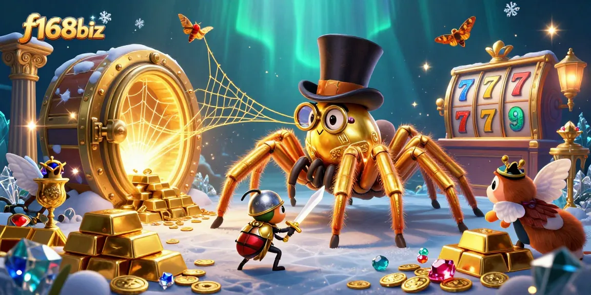 Experience f168biz with thrilling slot adventures alongside a golden tarantula and beetle knight.