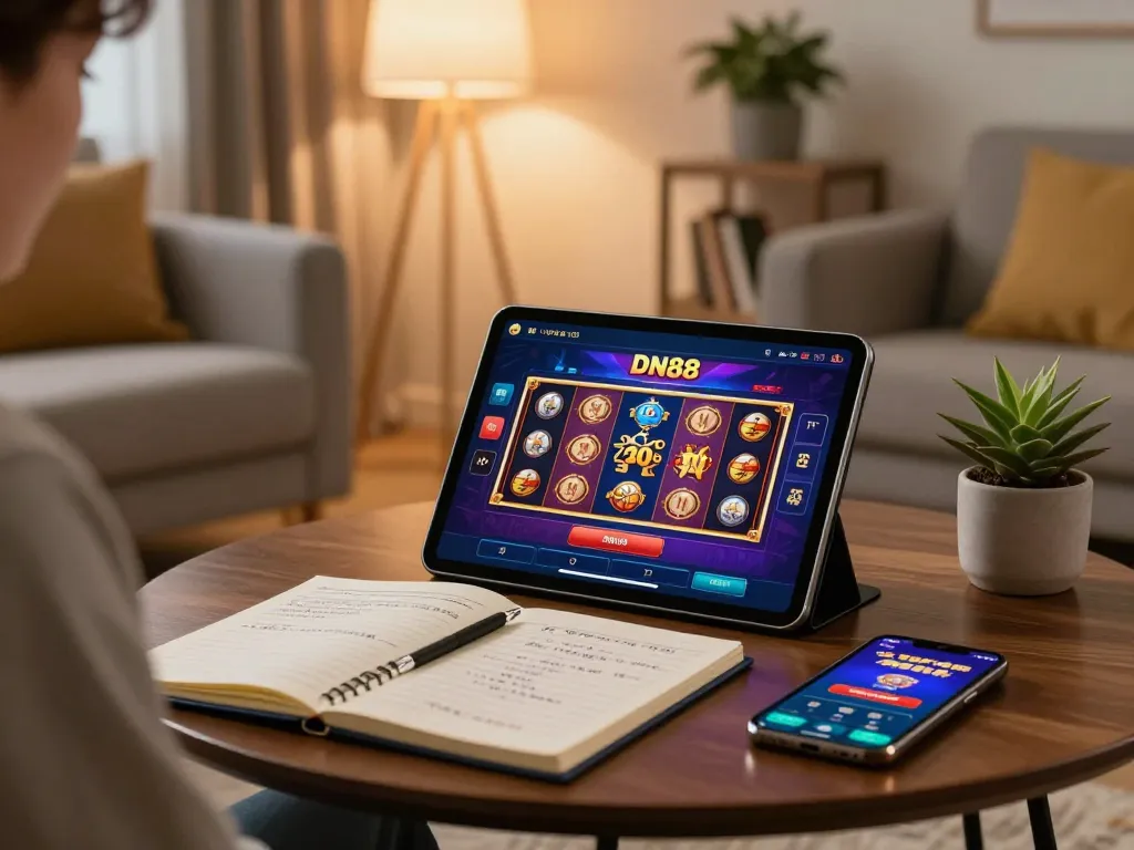 Engaging player using DN88 casino app on a tablet in a cozy home environment, showcasing responsible online gaming.
