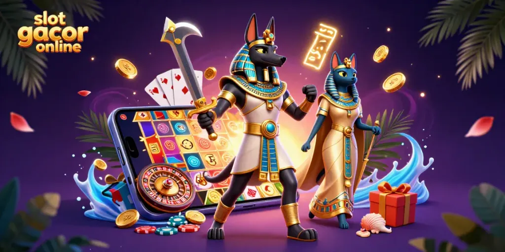 Experience slot gacor online with animated characters and vibrant game elements in this dynamic illustration.