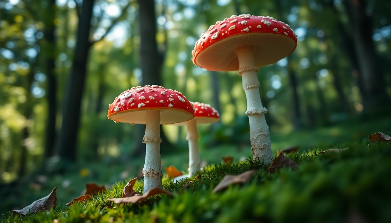 Fliegenpilz Pulver aus frischen roten Fliegenpilzen in der Natur, umgeben von grünem Moos.