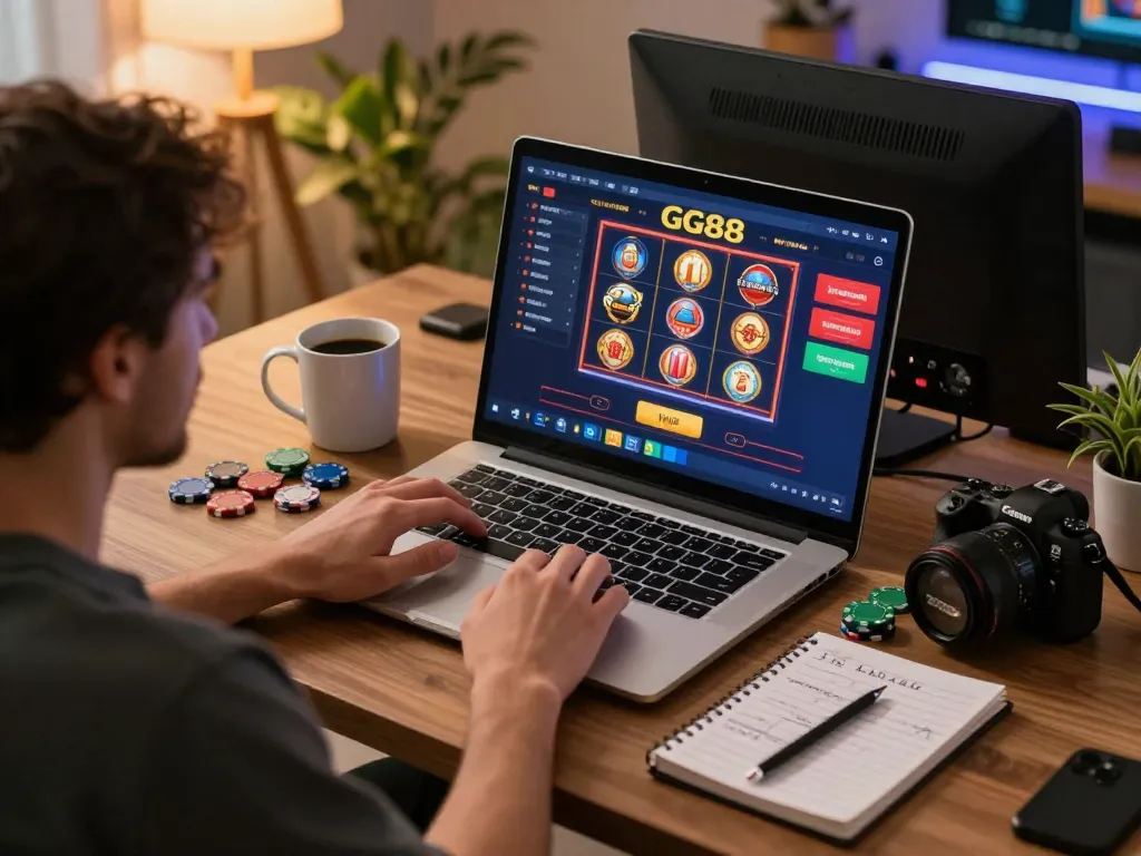 Engaging in online gaming with GG88, showcasing casino strategies in a cozy atmosphere