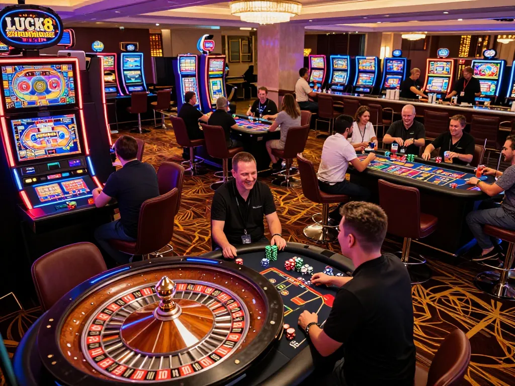 Cảnh casino LUCK8 với người chơi ăn mừng chiến thắng tại các máy slot và roulette sôi động
