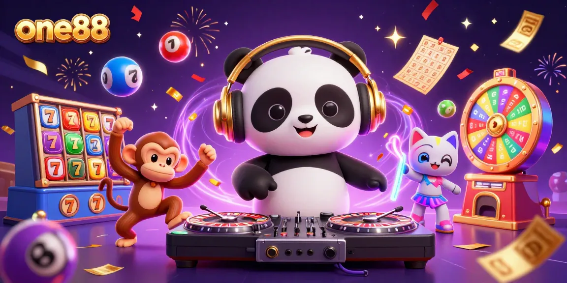 Spin at one88 with a DJ panda and vibrant lottery elements in this animated casino scene.