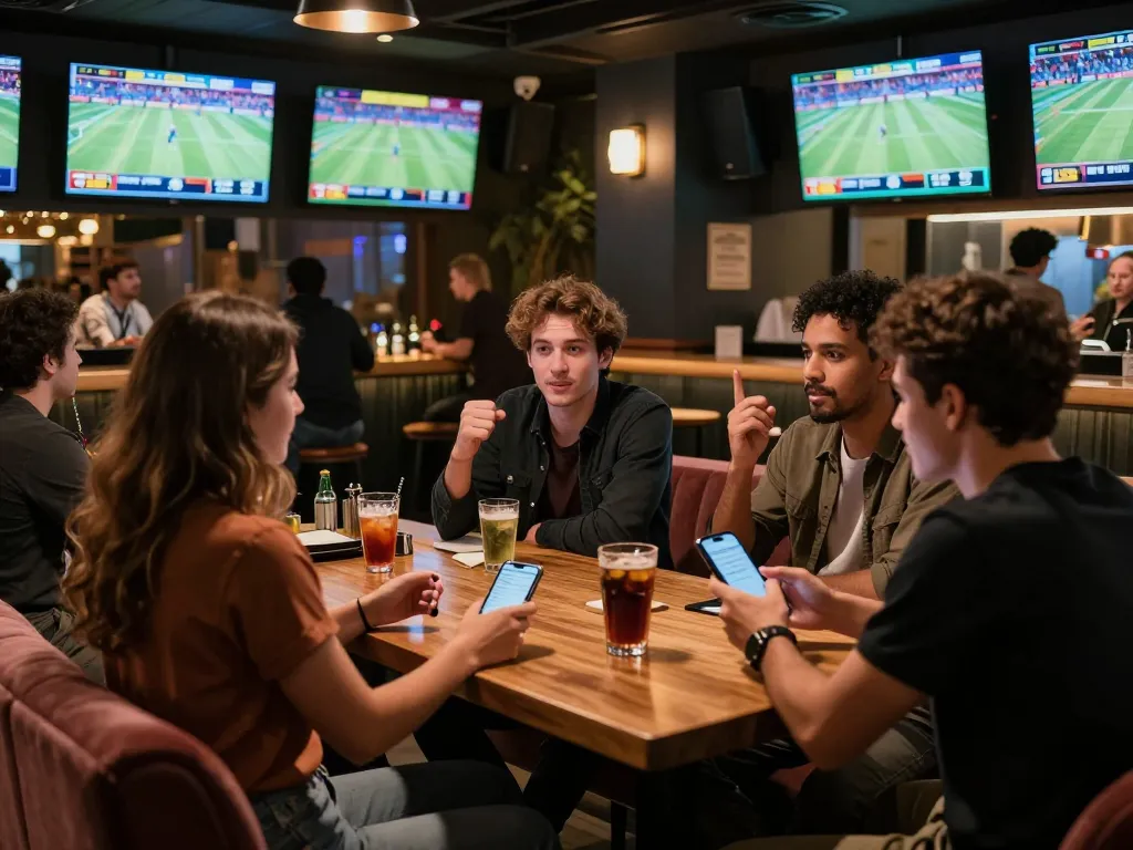 Engaged patrons analyzing odds on sports betting apps, showcasing sportpoolfocus excitement