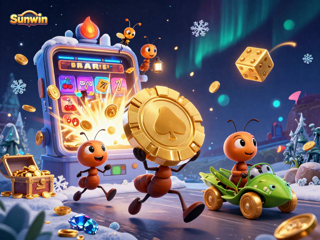 Experience thrilling gaming adventures at Sunwin, where animated ants heist golden poker chips amidst vibrant casino celebrations.