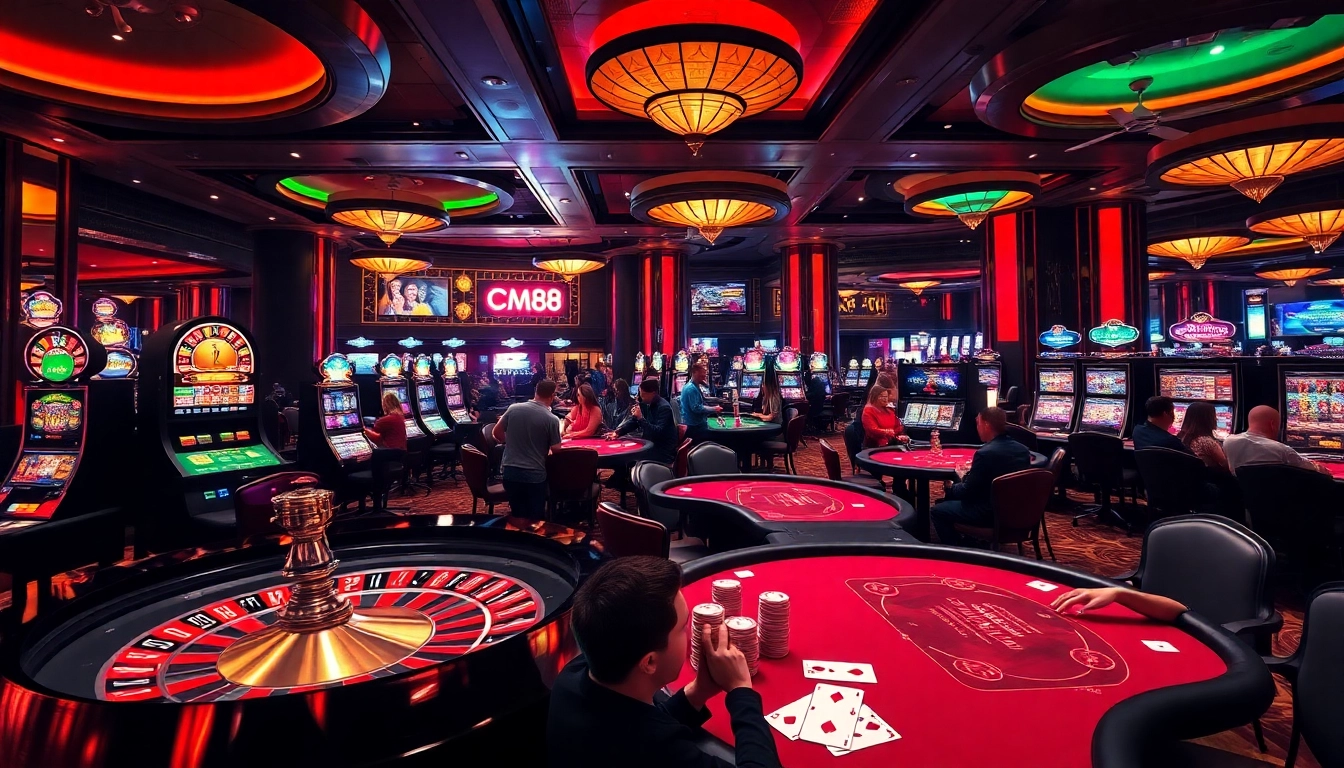 Players place bets at an elite casino with vibrant tables and the keyword CM88 symbolizing high-stakes action.