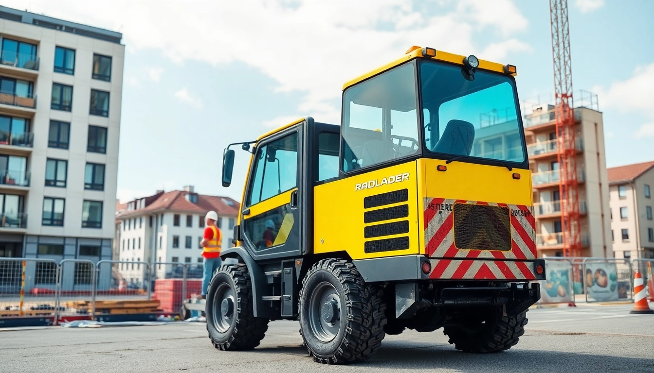 Radlader mieten Hannover: Moderner Radlader bei der Arbeit auf einer Baustelle in der Stadt.