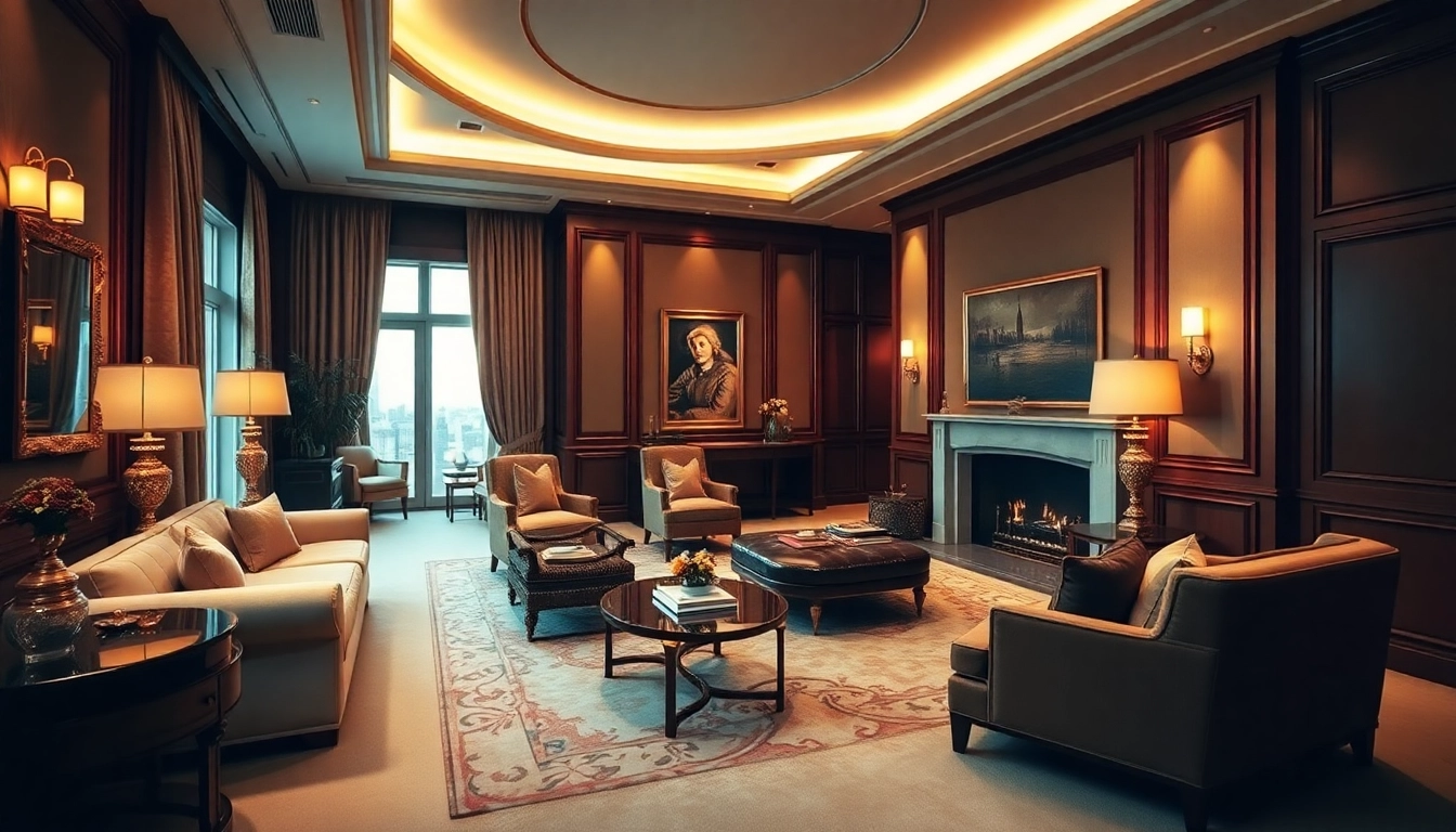 Luxury living room featuring elegant furniture and warm lighting inviting relaxation.