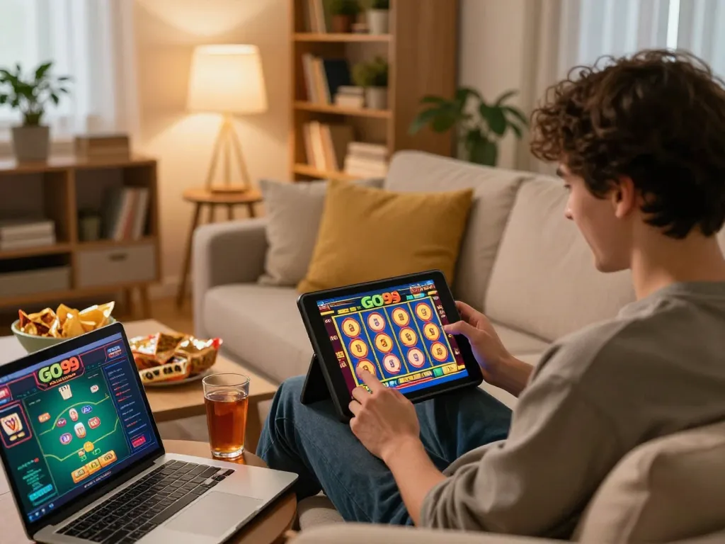 Engaging player enjoying Go99 slots on a tablet at home during a cozy gaming session.