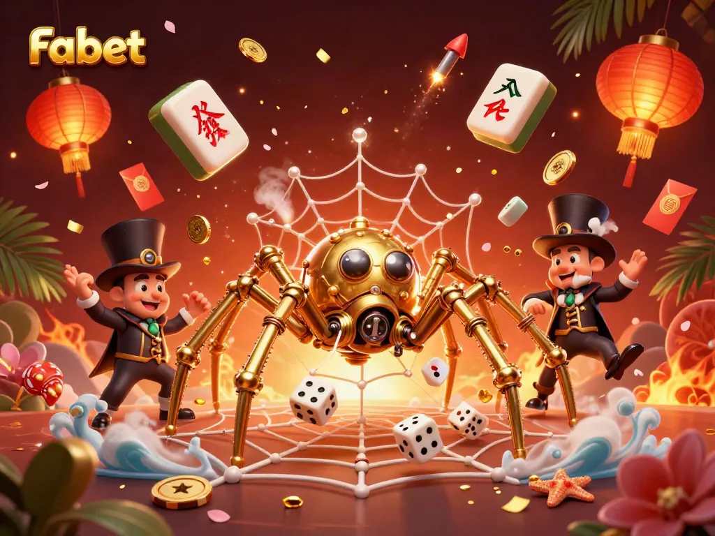 Fabet enhances gaming excitement with a steampunk spider trapping dice in a web of luck.