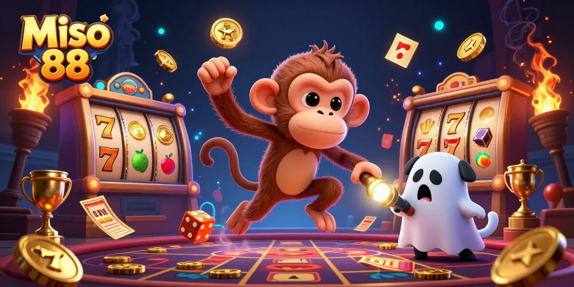 Miso 88 showcases a lively casino scene with a playful monkey and a curious puppy amidst colorful slot reels and golden coins.