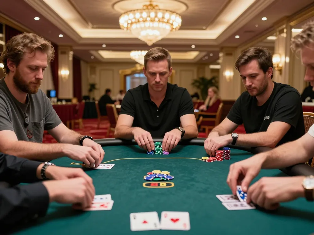 Players engaged in a high-stakes game at QQ88 poker table, showcasing strategic gameplay with cards and chips.
