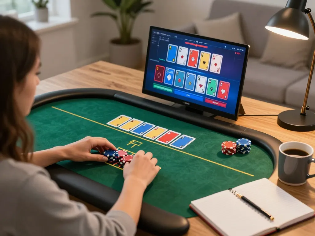 Player engages in online poker gaming on hk platform, showcasing strategic bet placement and cozy setup.
