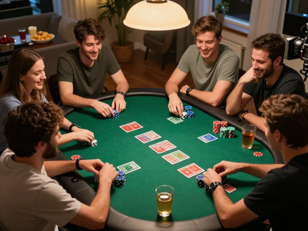 Players engaging in a friendly poker game at home, revealing F168 table dynamics and social competition.