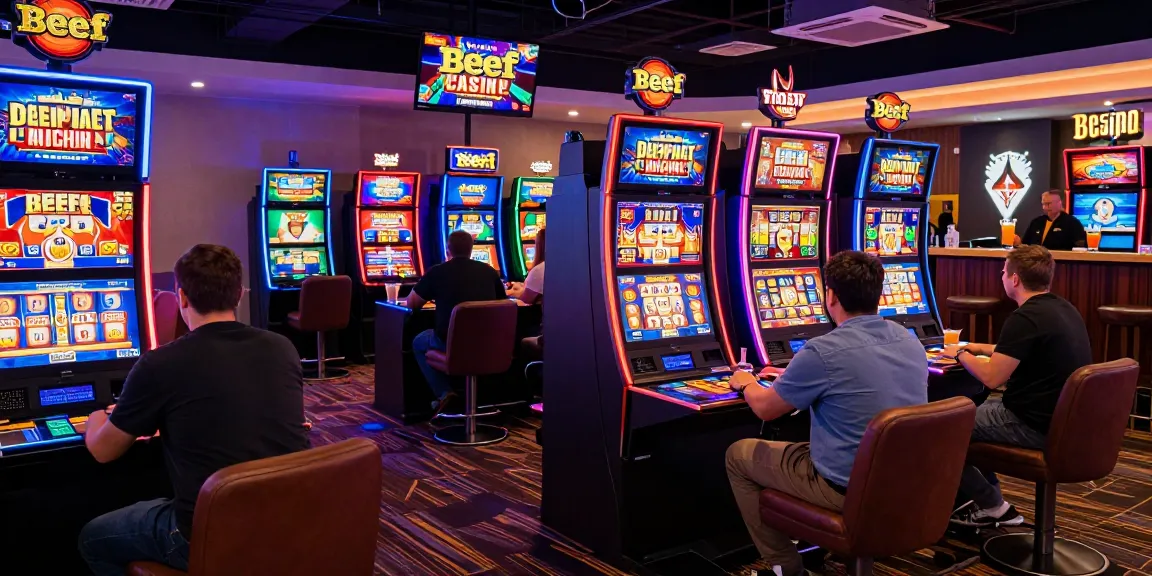 Beef Casino Online mit Spielern an Spielautomaten, lebendige Atmosphäre und spannende Promotions.