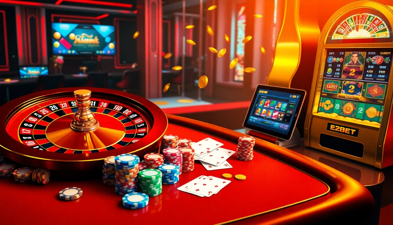 Experience thrilling online gambling at E2BET with exciting table games and vibrant casino elements.