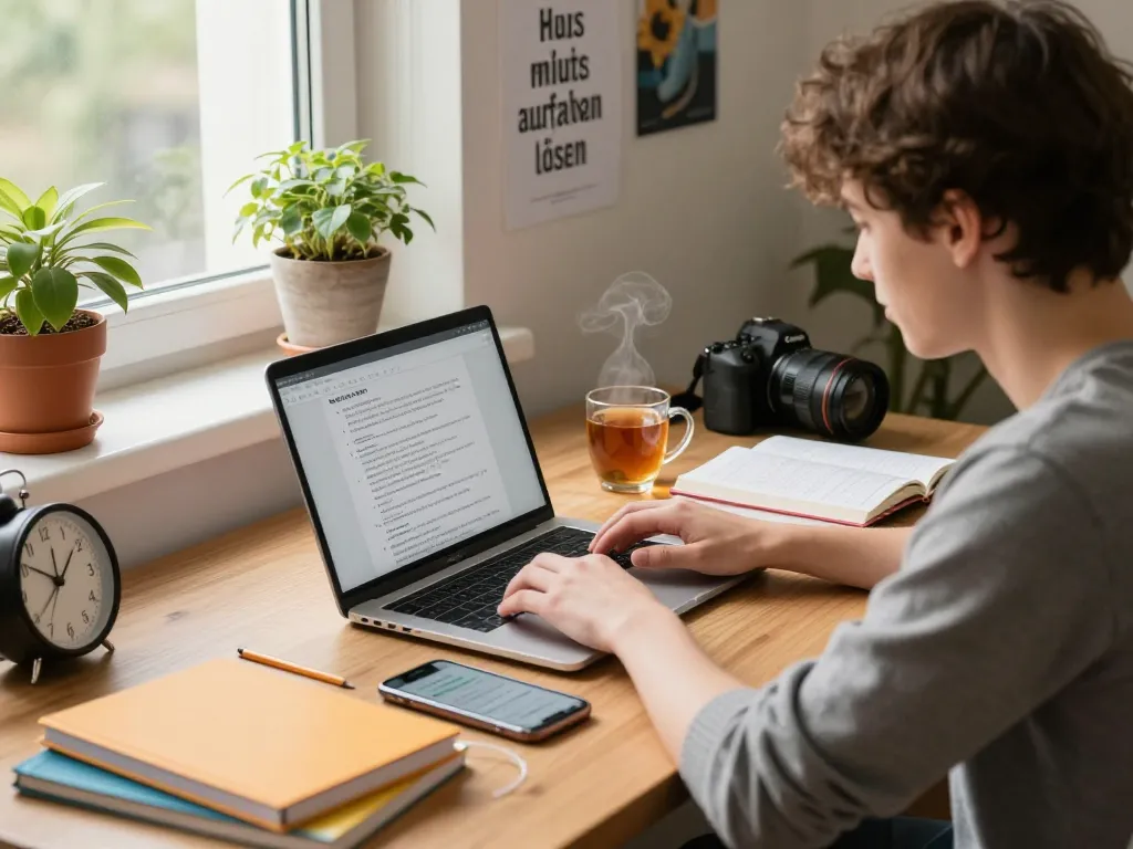 Student, der am Schreibtisch zu Hause mit Büchern und Laptop Hausaufgaben löst.