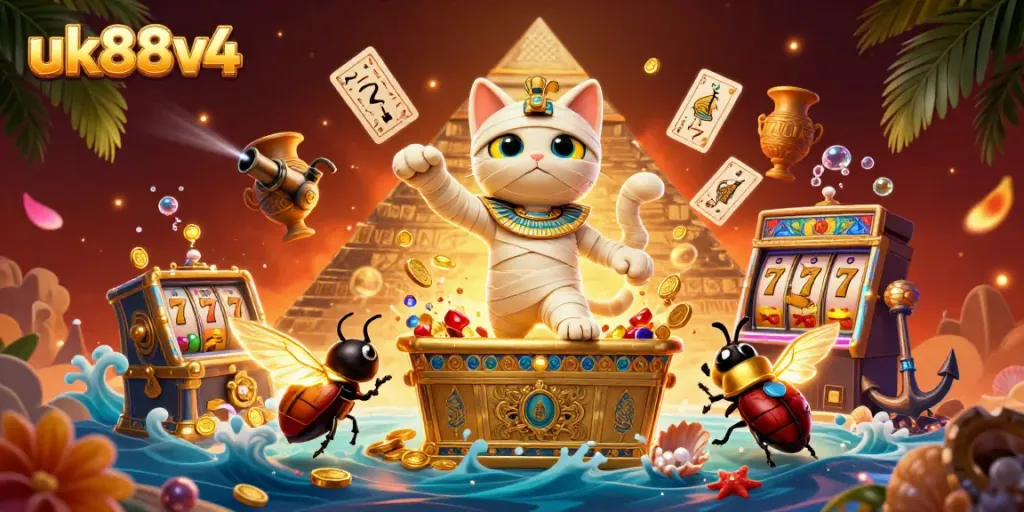 Spin the reels at uk88v4 with a thrilling scene of an Egyptian mummy cat revealing slots and treasures.