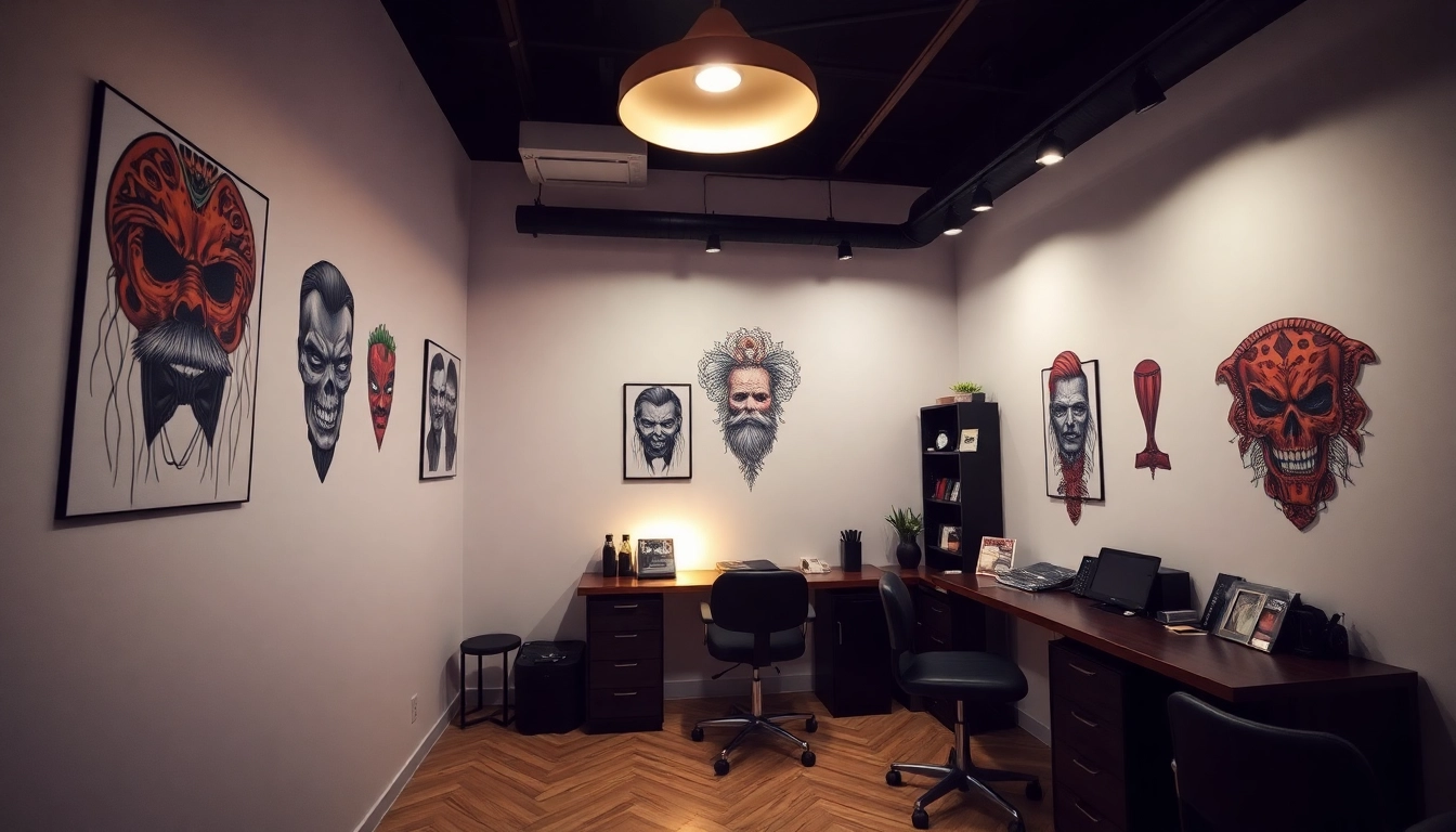 Tattoo Studio München mit lebhaften Wand-Tattoos und professioneller Ausrüstung im warmen Licht.