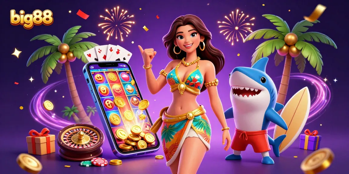 Big88 themed illustration showcasing vibrant casino elements with a beach goddess and a surfer shark.