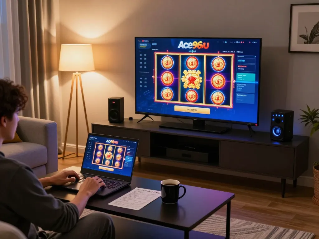 A player enjoying an online game at Ace96au with a vibrant gaming setup and cozy atmosphere