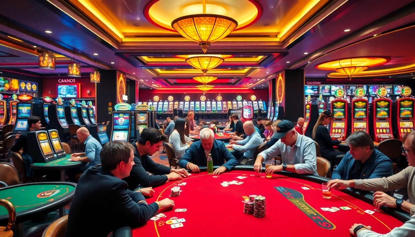 Erleben Sie die aufregende Atmosphäre von Golisimo Germany mit lebhaften Casinospielern und Spieltischen.