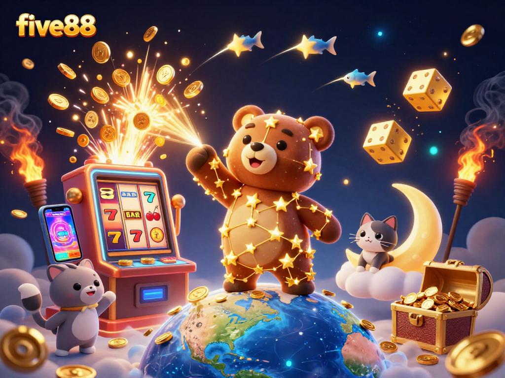Experience the excitement of five88 with vibrant casino-themed characters and dynamic visuals.