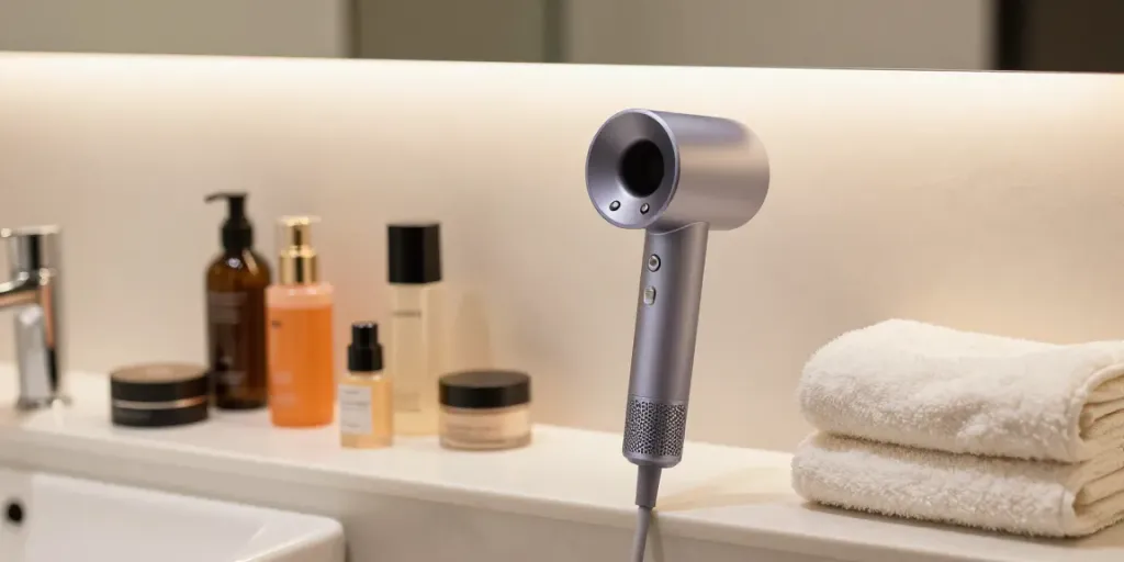 Laifen Mini haartrockner elegantly displayed on a bathroom shelf with cosmetics.