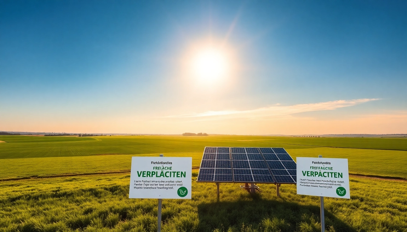 Erkunden Sie die Möglichkeiten der FREIFLÄCHE VERPACHTEN mit einem sonnigen Ackerland und modernen Photovoltaikanlagen im Vordergrund.