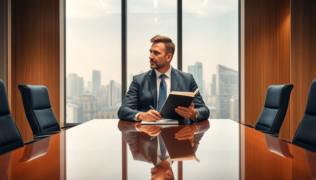 Headhunter Geschäftsführer berät an einem modernen Besprechungstisch in elegantem Büro.
