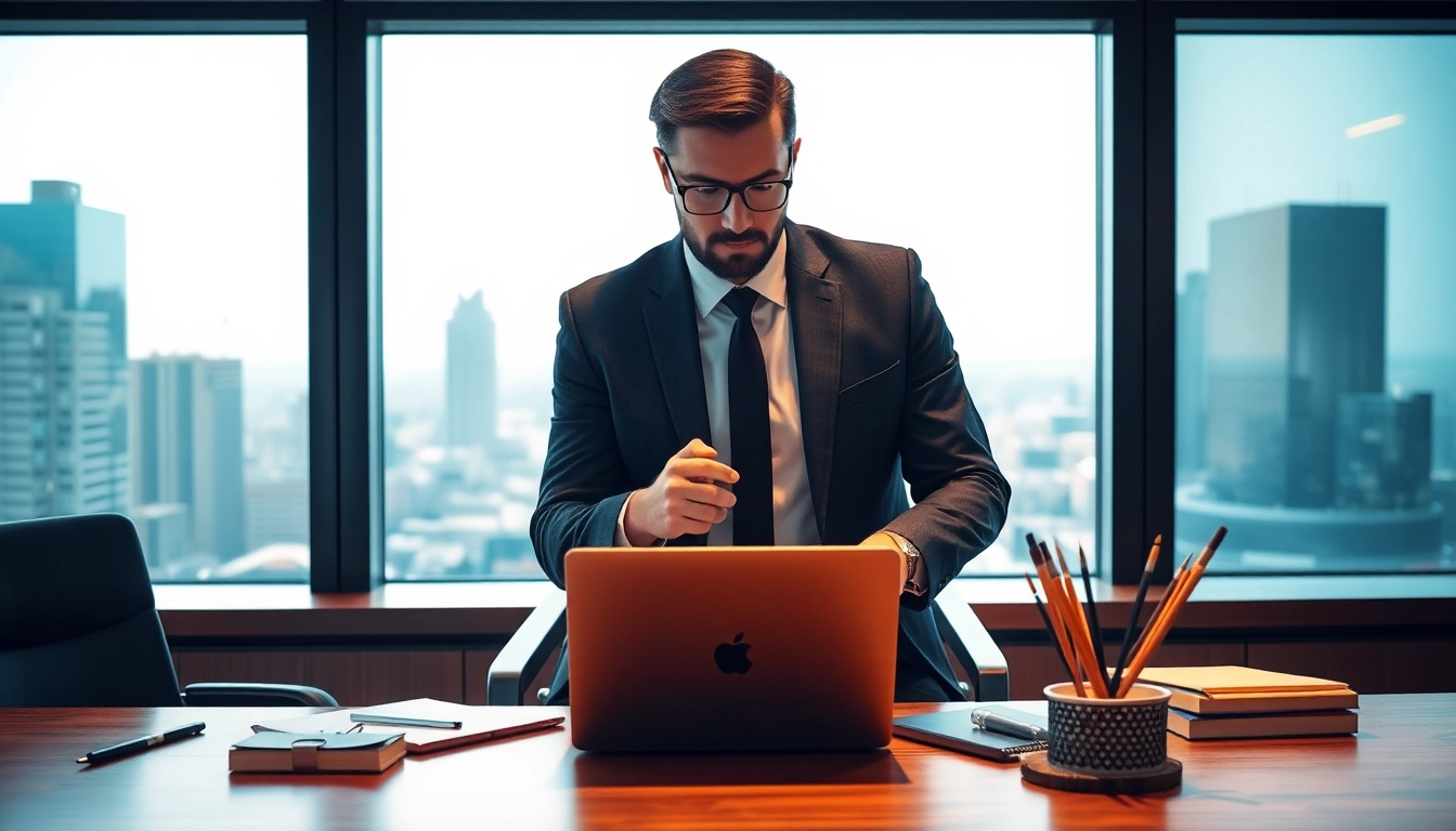 Headhunter Vertrieb beim Arbeiten in modernem Büroumfeld, Laptop, professionelle Atmosphäre.
