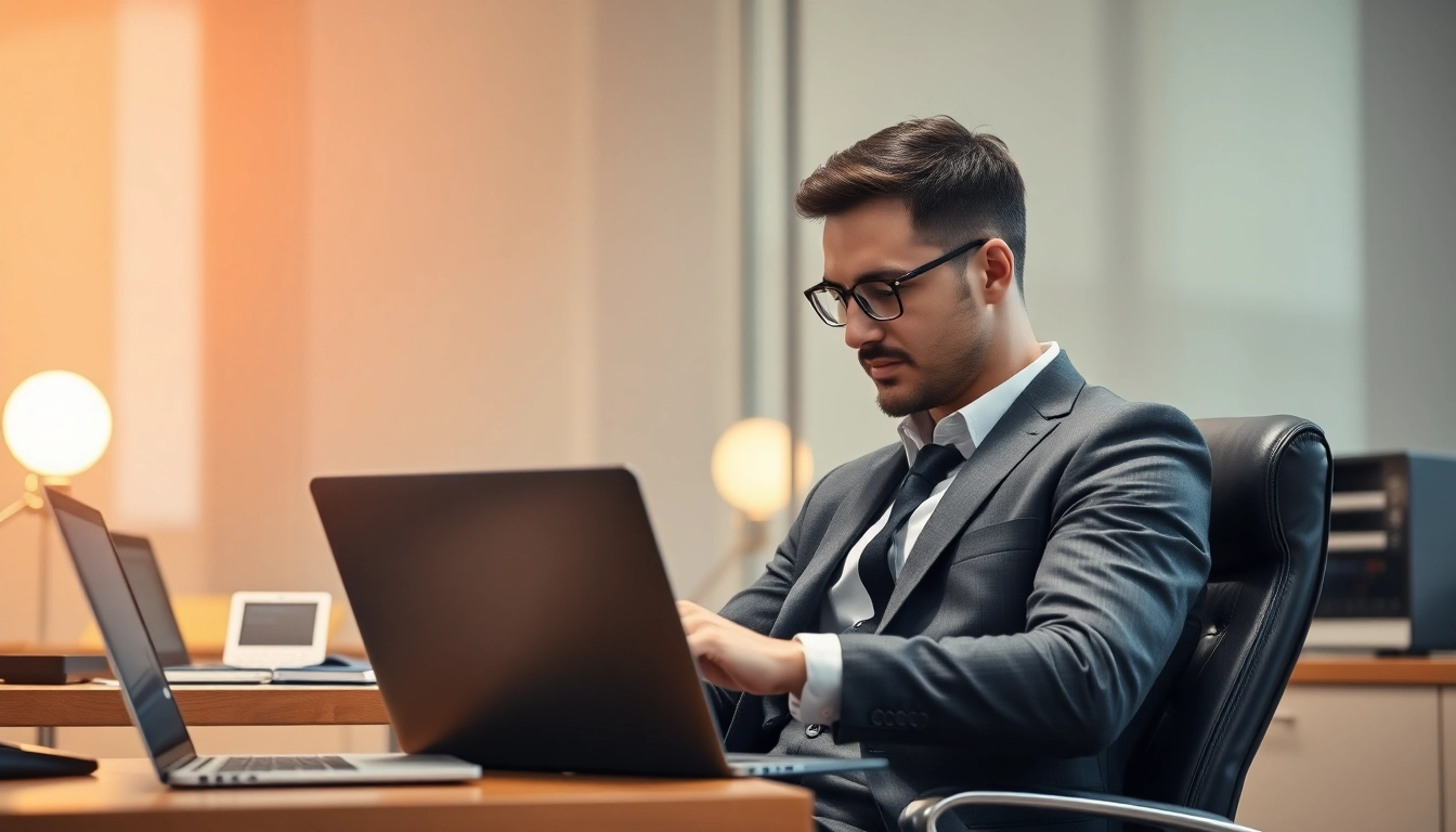 Headhunter im modernen Büro bei der Arbeit an einem Laptop.