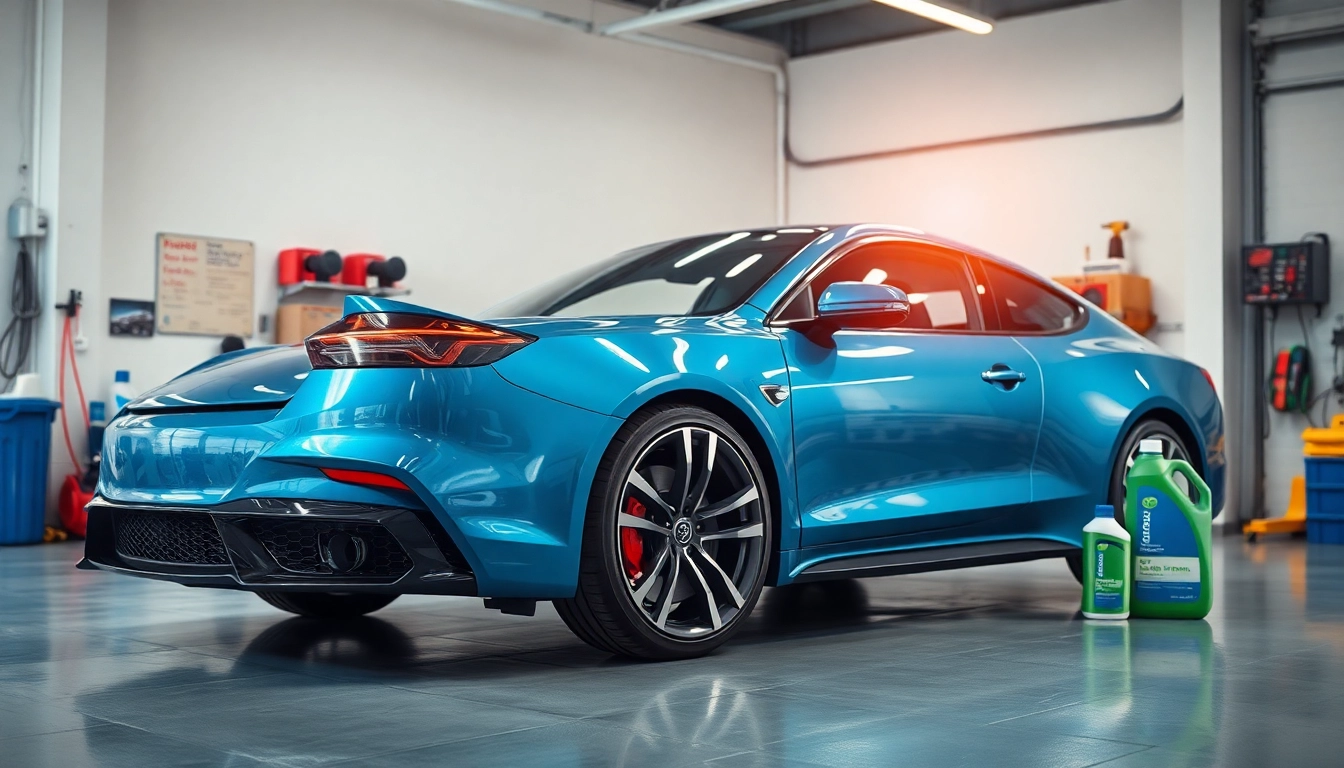 Glänzendes Auto nach Anwendung von Detailing Produkten in stilvollem Garagenumfeld.