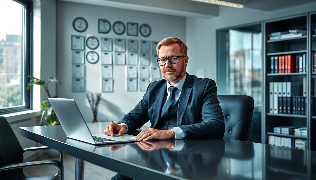 Headhunter IT in einem modernen Büro bei der Arbeit am Laptop.