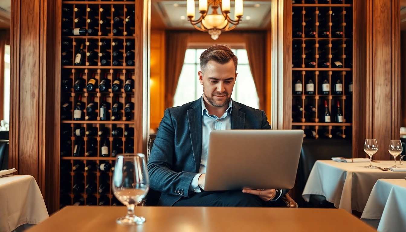 Headhunter Gastronomie arbeitet konzentriert in einem eleganten Restaurant mit Laptop.